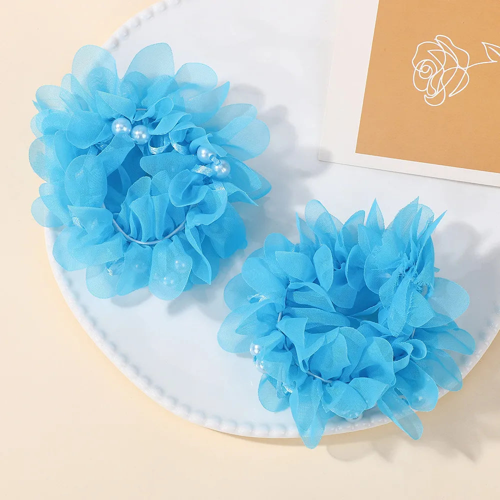 Kids Hair Bands Set With Chiffon Flowers Beads Ponytail Holders For Girls HBSet01 Elastic