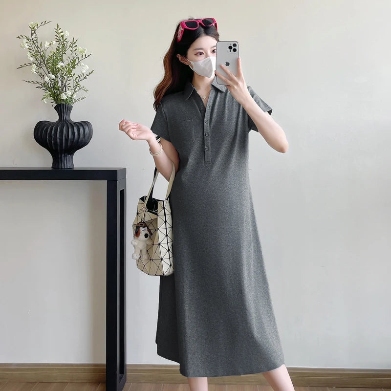 Korean Style Maternity Knit Dress Short Sleeve Turn-down Collar Casual Summer Wear KM102