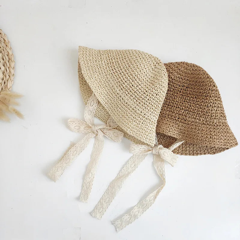 Fashion Lace Baby Hat Summer Straw Bow Baby Girl Cap Beach Children Panama Hat Princess Baby Sun Hats and Caps for Kids 1PC