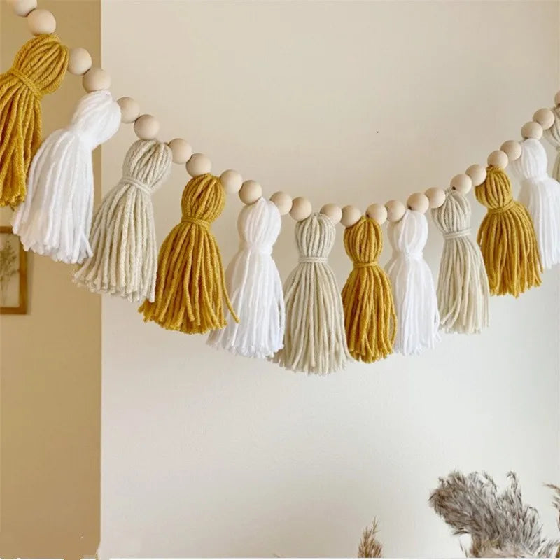 Bohemian Yellow Wooden Bead Tassel Garland Banner