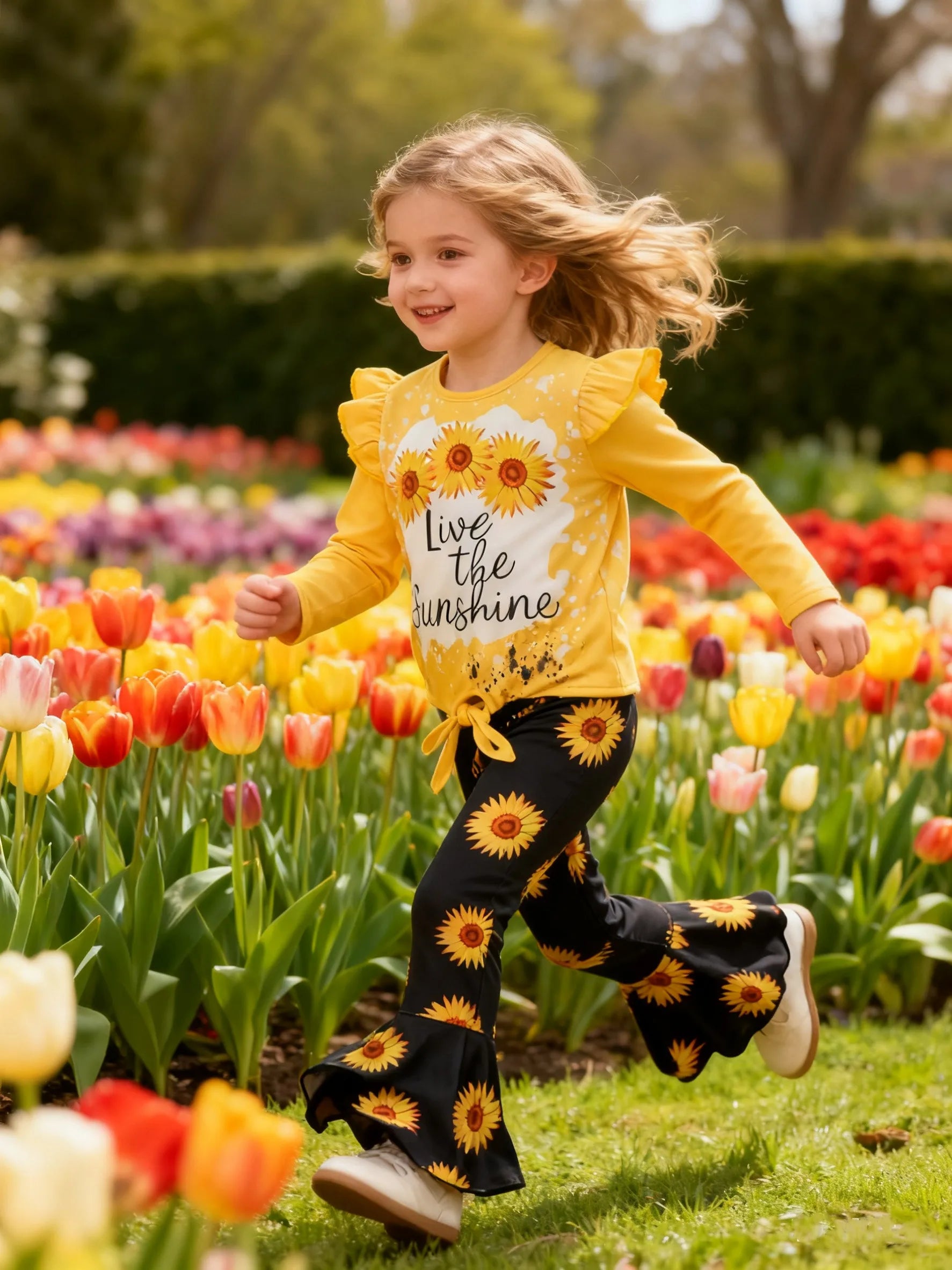 Children's clothing Girl Set Sunflower Print Top+Flared Long sleeved Two-piece Set for 4-7 Year old girls in Spring Autumn Set