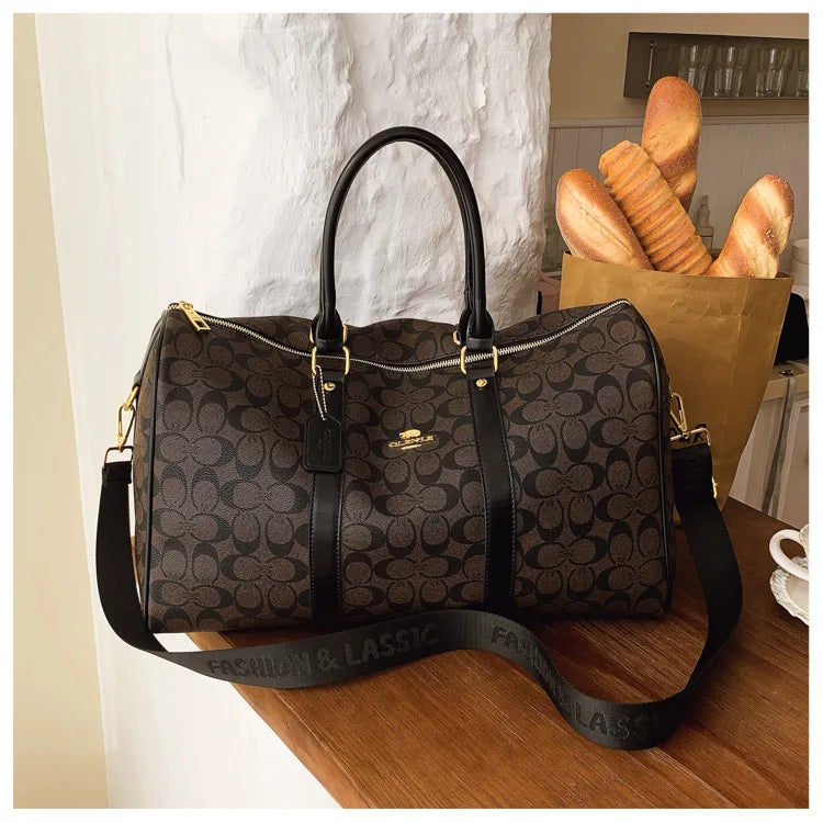 Classic Vintage Monogram Travel Duffle Bag, Trendy Versatile Overnight Weekender Bag with Top Handles & Adjustable Strap