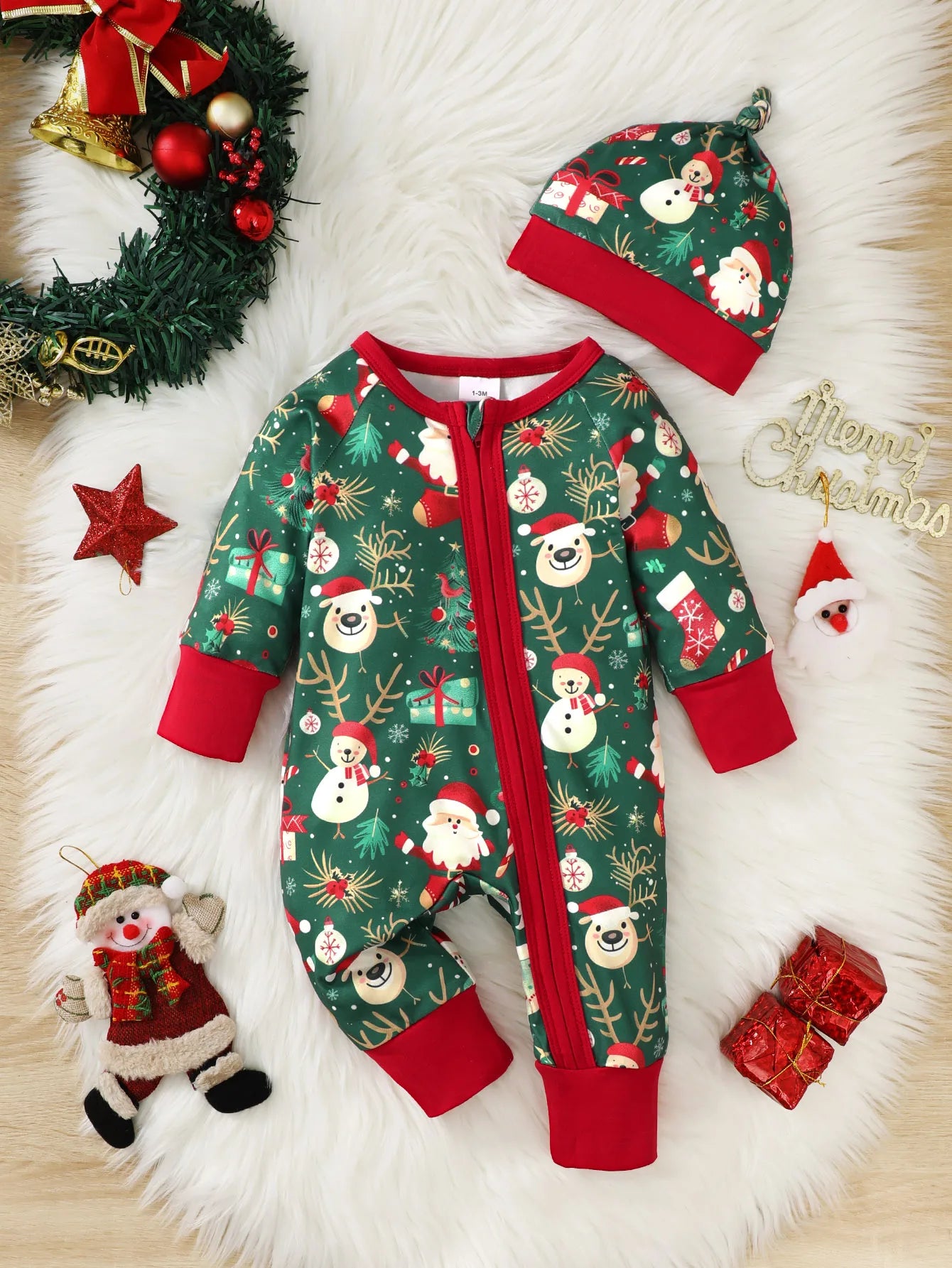 Baby girl Christmas Bodysuit Christmas elements zipper Long sleeved Bodysuit+Hat fit 0-18 Months Baby's New Year's Clothing