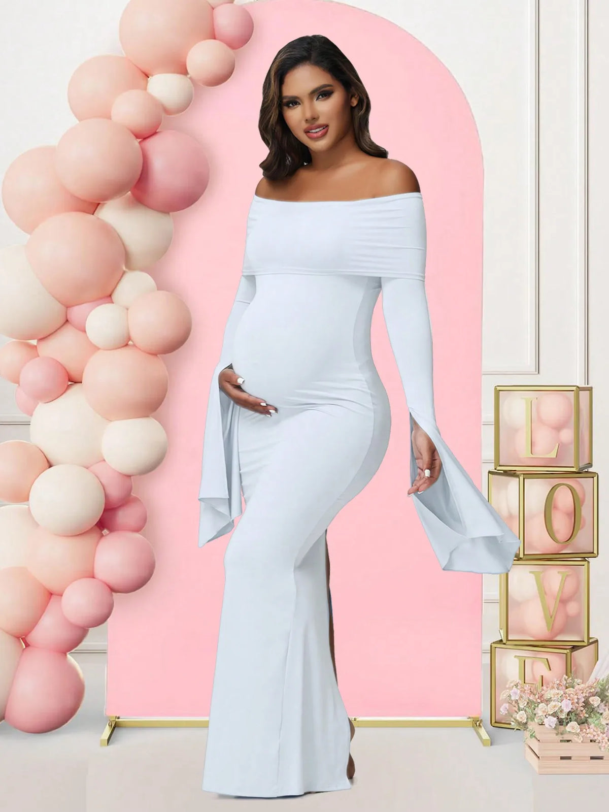 Maternity Off Shoulder Maxi Dress For Photoshoot Long Sleeve Bodycon Gown For Pregnancy And Baby Shower