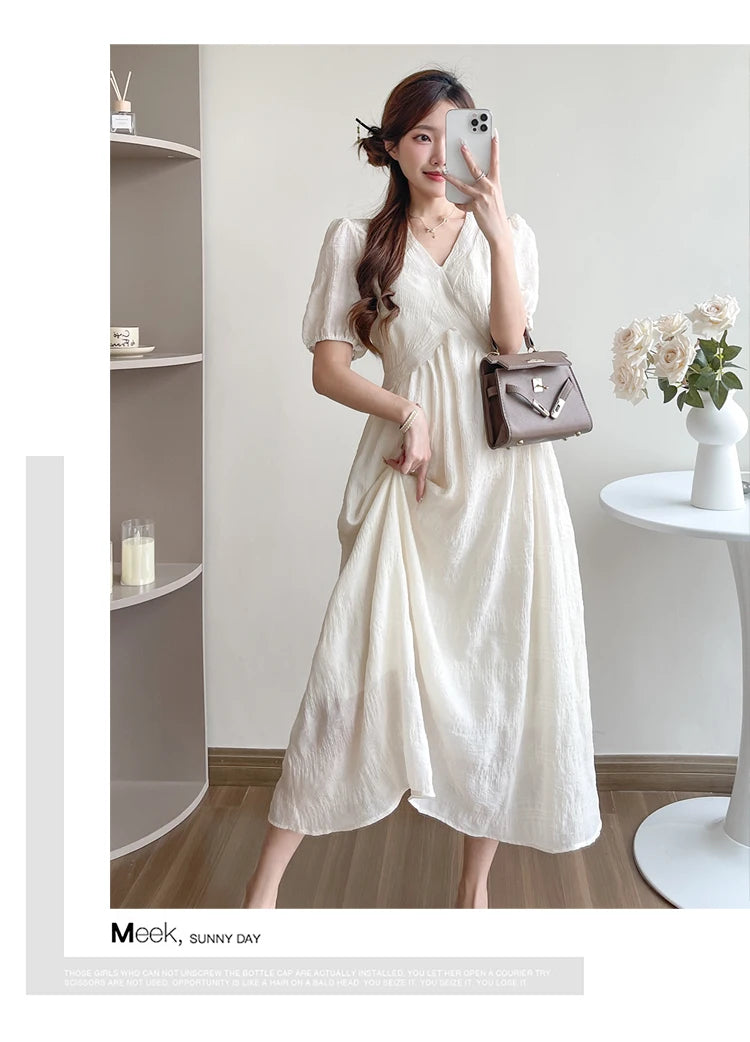 French Style Summer Maternity Pleated Dress High Waist V-neck Short Sleeve Pregnant Woman Elegant Dress Pregnancy Clothes Loose