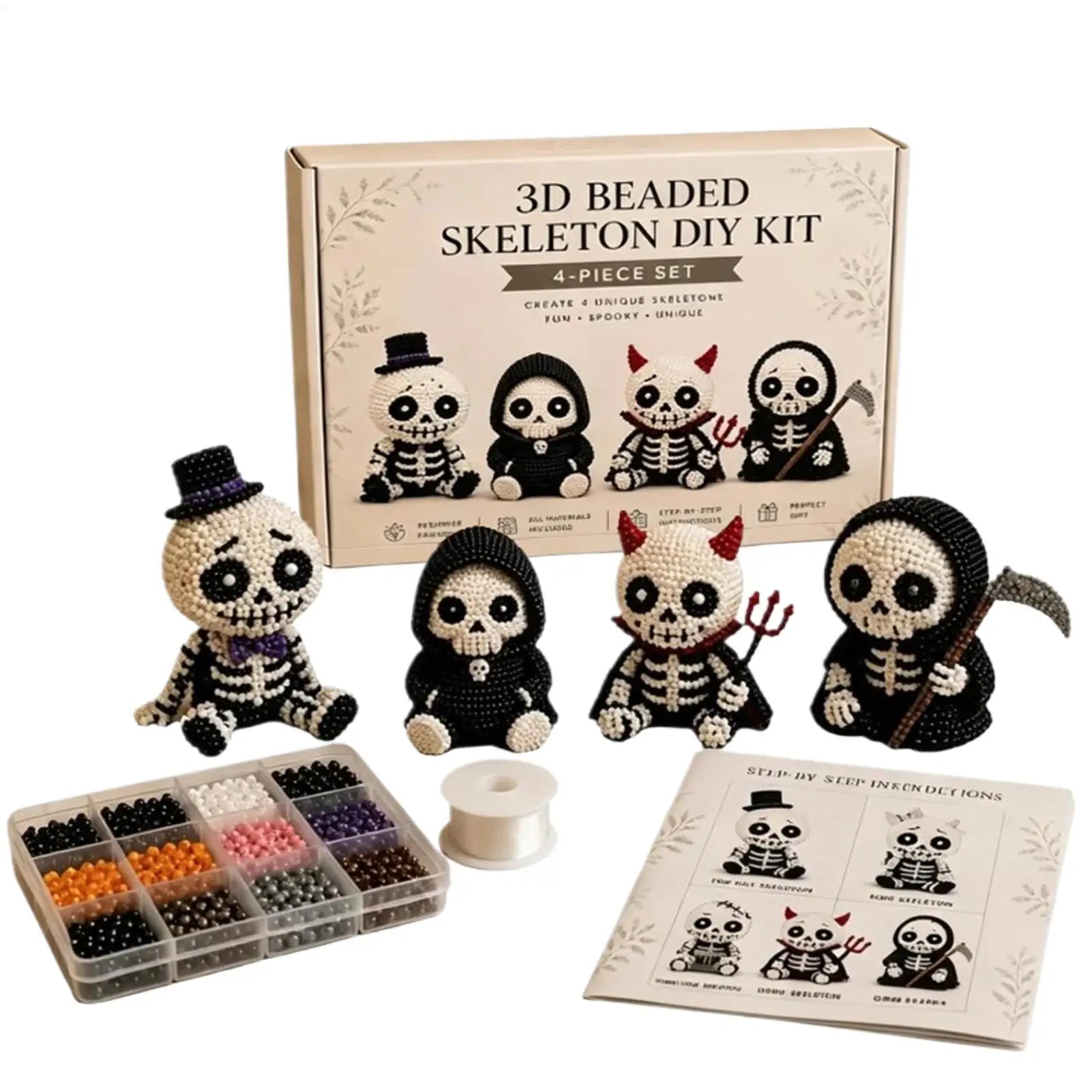 Beaded Skeleton Craft Kit Halloween Toy with Instruction Mini 3D Beaded Skeleton Crafting Set for Home Party Classroom School
