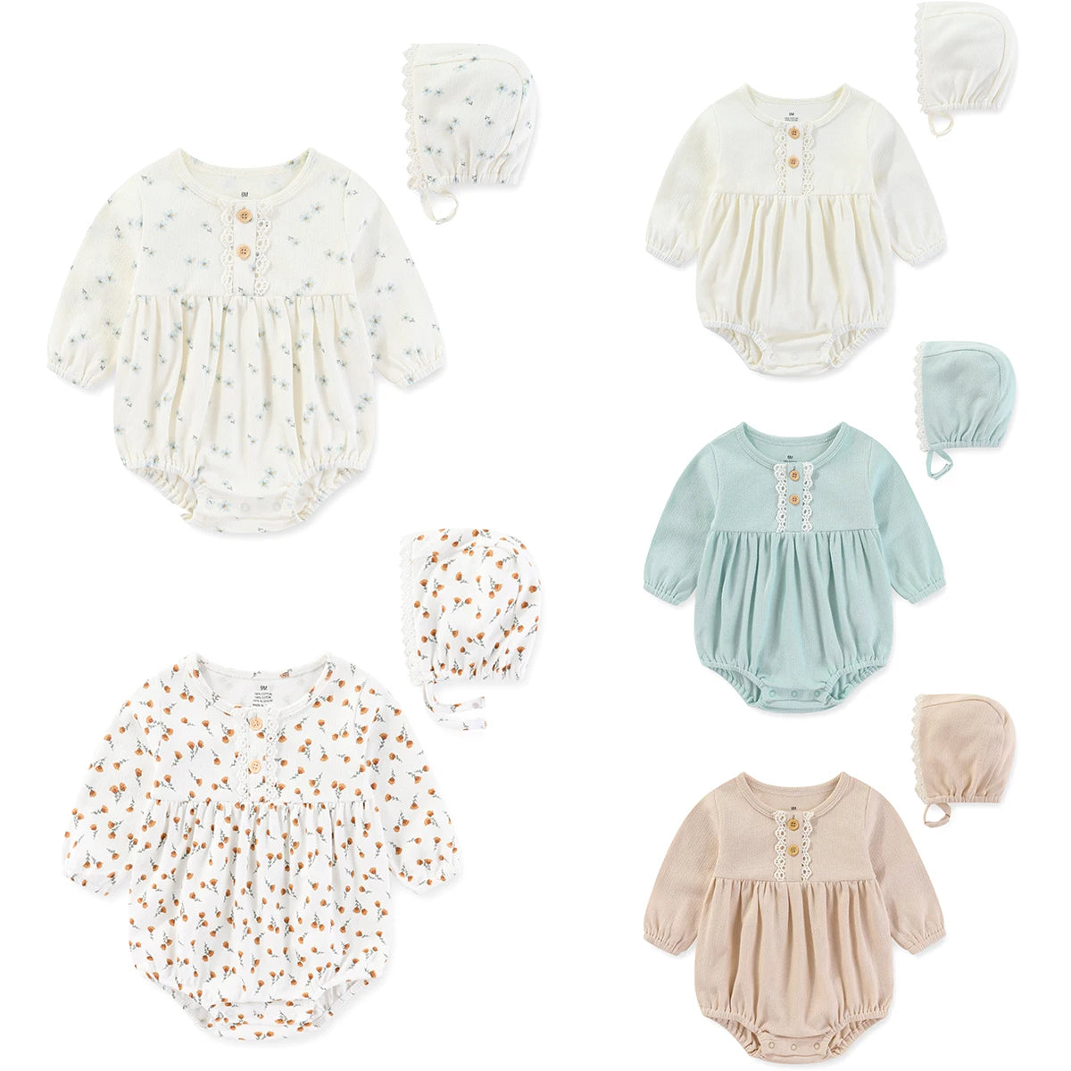 4-Pack Cute Baby Clothing Set Newborn Short&Long Sleeve Bodysuits+Headdress 6-24 Months Infant Clothes Bebe Headband Hat