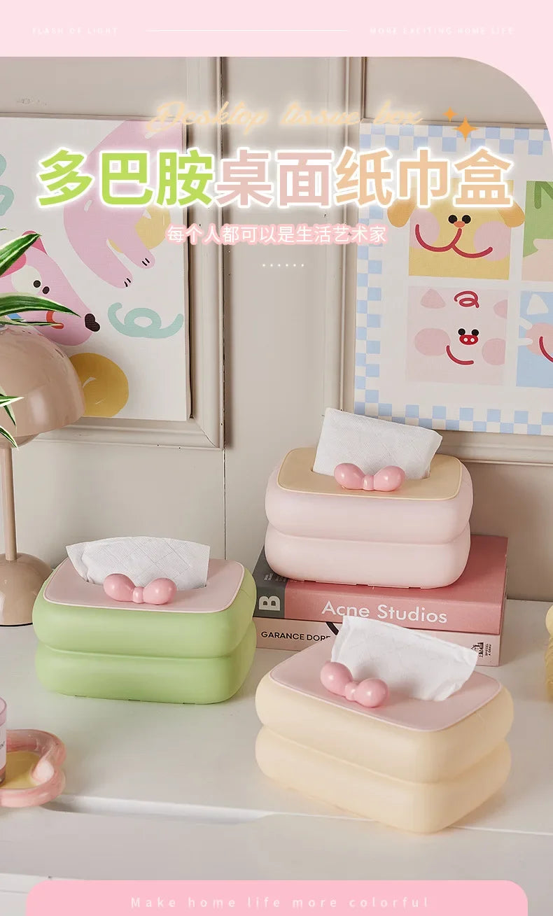 Cute spring-loaded tissue box with large storage capacity for desks and tables.