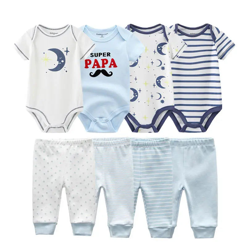 8-Piece Cartoon Baby Bodysuits and Pants Cotton Newborn Unisex Short Sleeve Onesies Trousers 0-12 Months