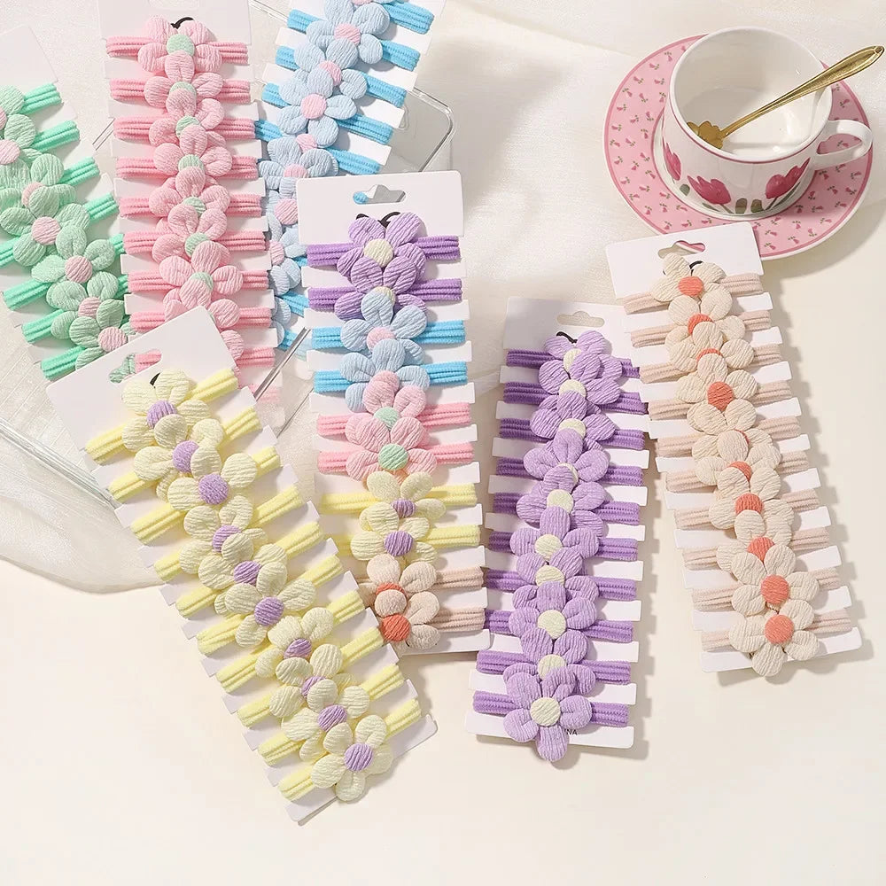 10Pcs/Lot Girls Headbands Flower Hair Strap Horsetail Head Rope Kids Braided Towel Ring Accessories