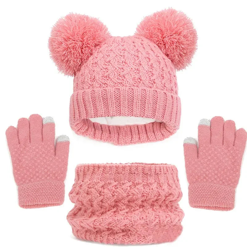 Kids Winter Hat Scarf Gloves Set Girls Knitted Scarf 3pc Set Childs Winter Warm Neck Scarves Beanie Cap For Boy Baby Gloves Suit