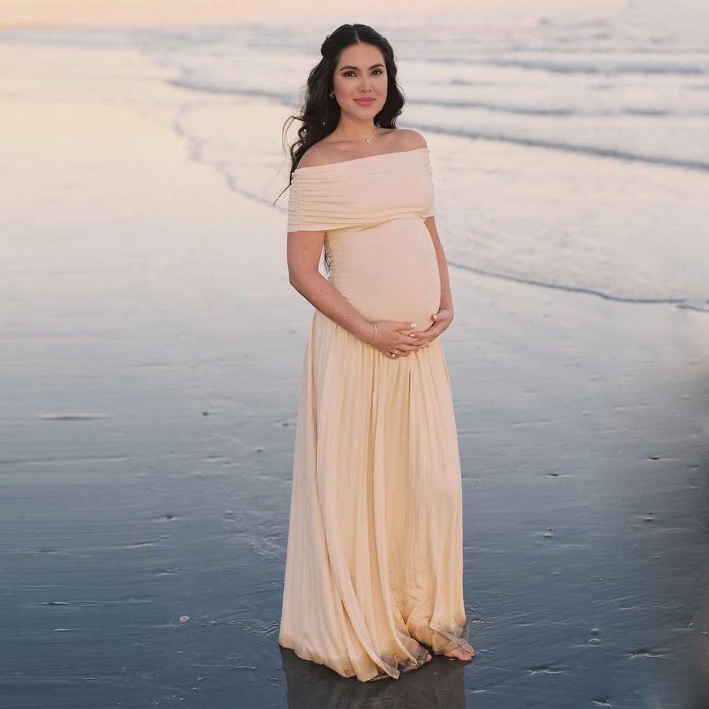 Maternity Off-Shoulder Bodycon  Backless Summer Long Dress Pleated  Maxi Gown for Baby Shower Photoshoot