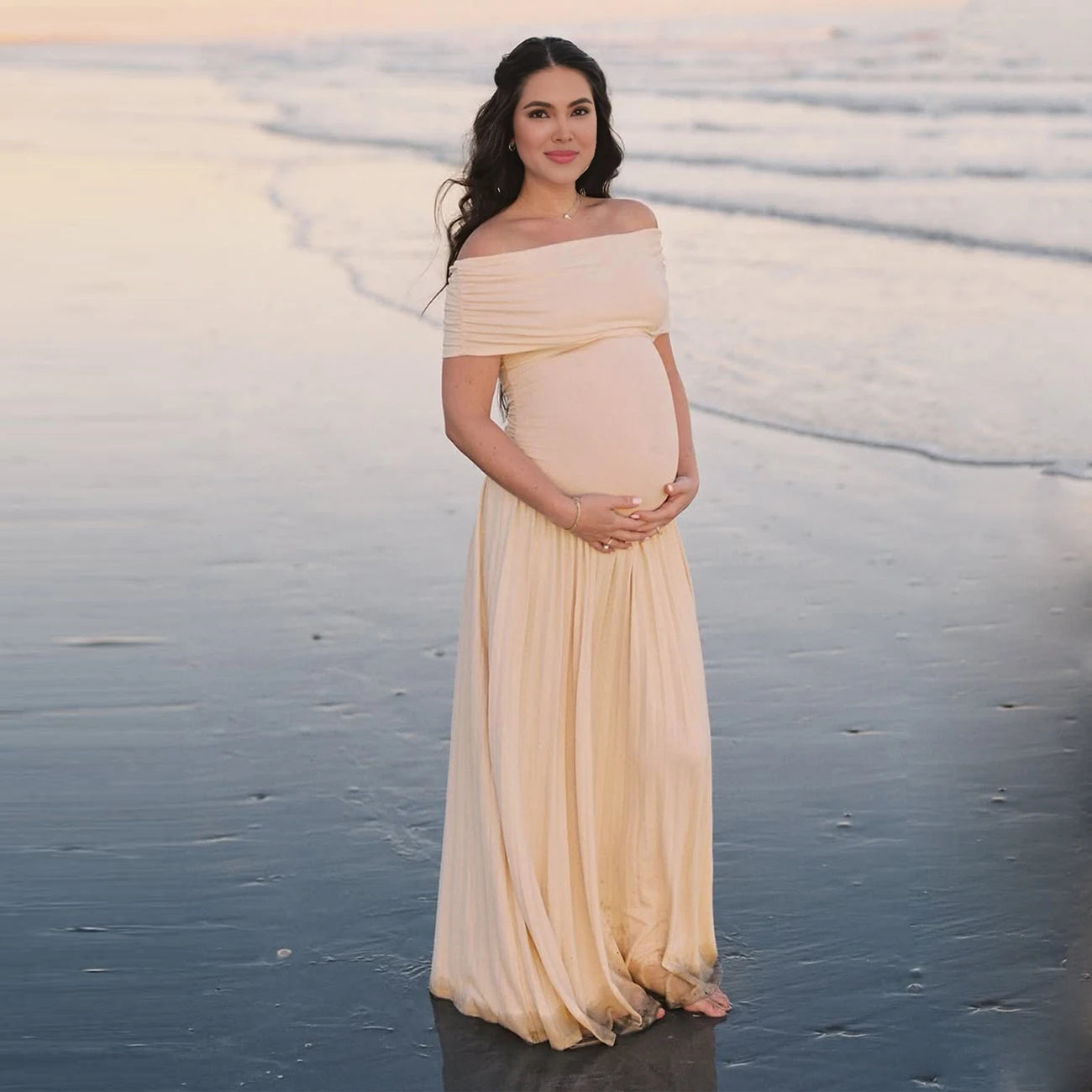 Maternity Off-Shoulder Bodycon  Backless Summer Long Dress Pleated  Maxi Gown for Baby Shower Photoshoot