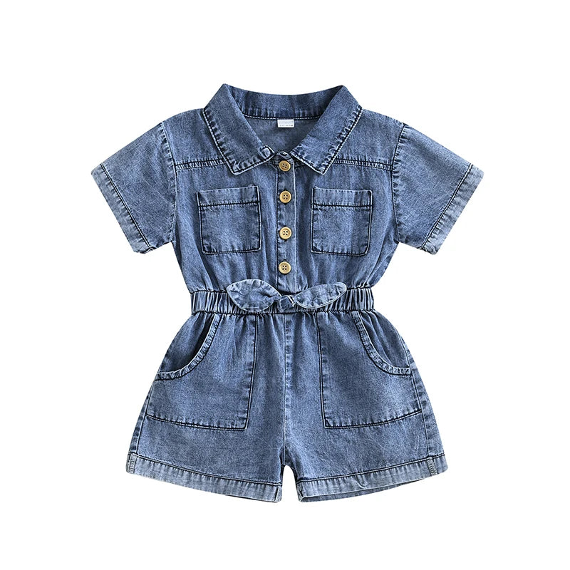 1-5Y Girls Kids Denim Overalls Shorts Short Sleeves Turn Down Collar Button Down Elastic Waist Jean Romper Jumpsuits Clothes
