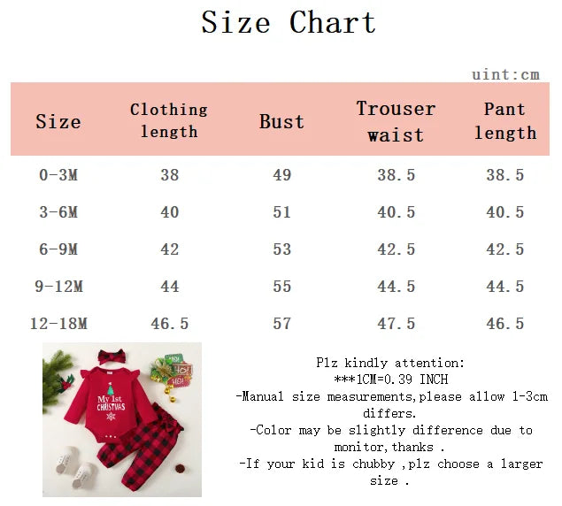 3Pcs Christmas Set Letter Printed Long sleeved Bodysuit Bow Checkered Pants+Headband Suitable 0-18 Months Baby Girl Holiday Set