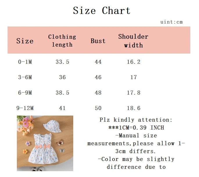 Baby clothing, Baby girl Dress Round Neck Ruffled Bow Casual Dress+Hat Set suitable for Female Babies aged 0-9 Months