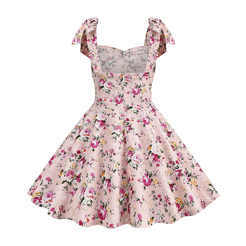 Summer New Parent-Child Dress Flower Bow Print Strap Dress Beach Party Fashion Cute V-Neck Mother Daughter Dress