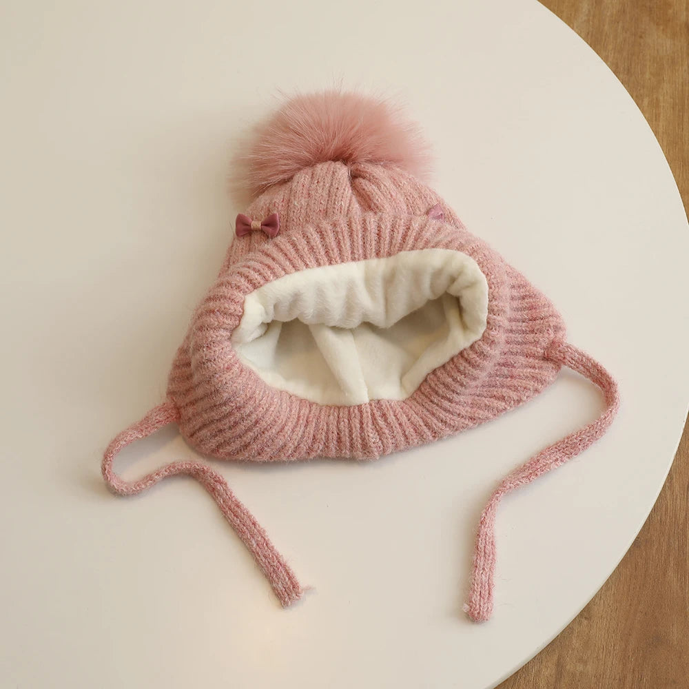 Princess Children Winter Hat for Girls Pompom Bows Kids Bonnet Hat Warm Ears Thicken Children Girl Cap Faux Fur Ball 2-6Y