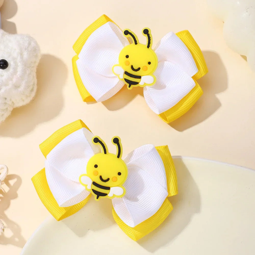 2Pcs Bee Themed Hair Bow Clips for Kids Girls Double Layer Solid Ribbon Bows Hairpins Unique Barrettes Hair Accessories Headwear
