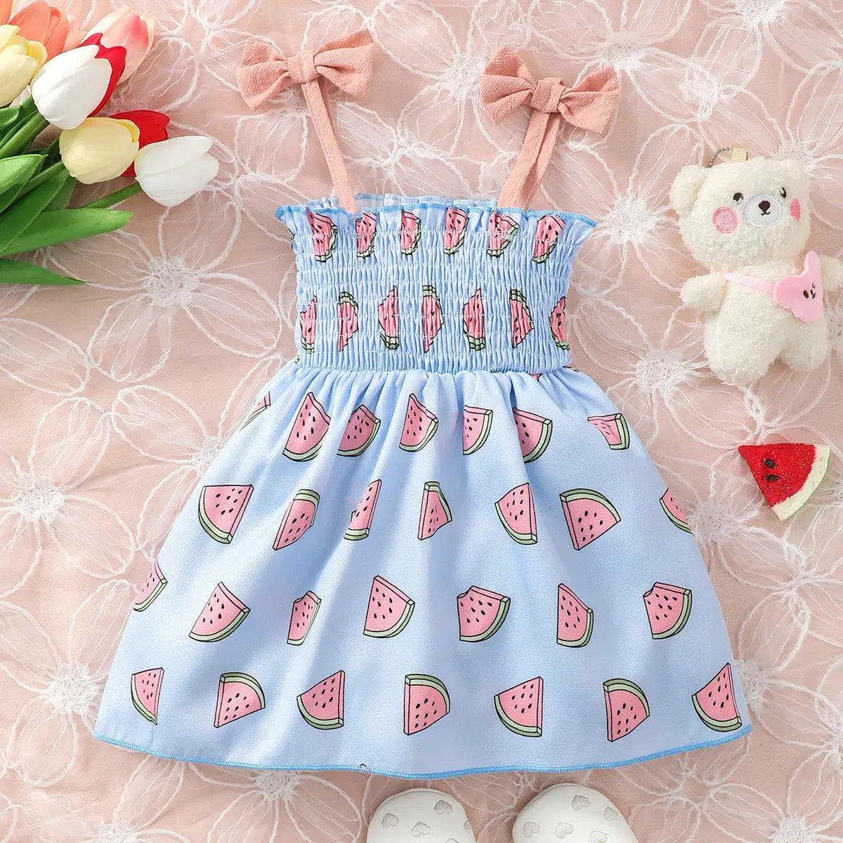 Summer Baby Girl Suspender Dress with Watermelon Print Stretch Dress suitable for 0-3 Years old Cute Baby girl Casual Dress