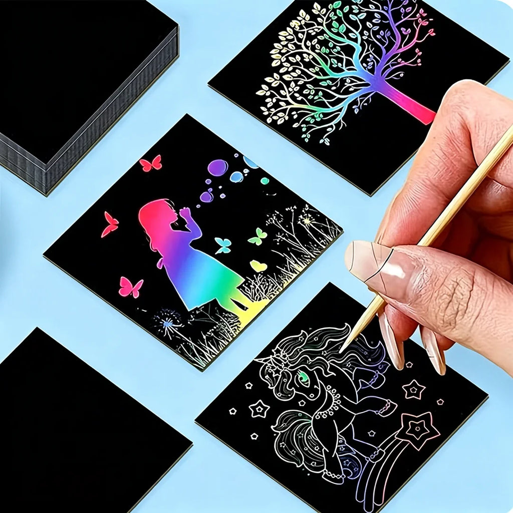 50/100 Rainbow Scratch Art Notes - Magic Scratch Paper Note Cards Handmade DIY Party Favors Suitable for Birthday, Halloween, Christmas Stocking Stuffers, Gift Boxes, Thanksgiving, and New Year Gifts