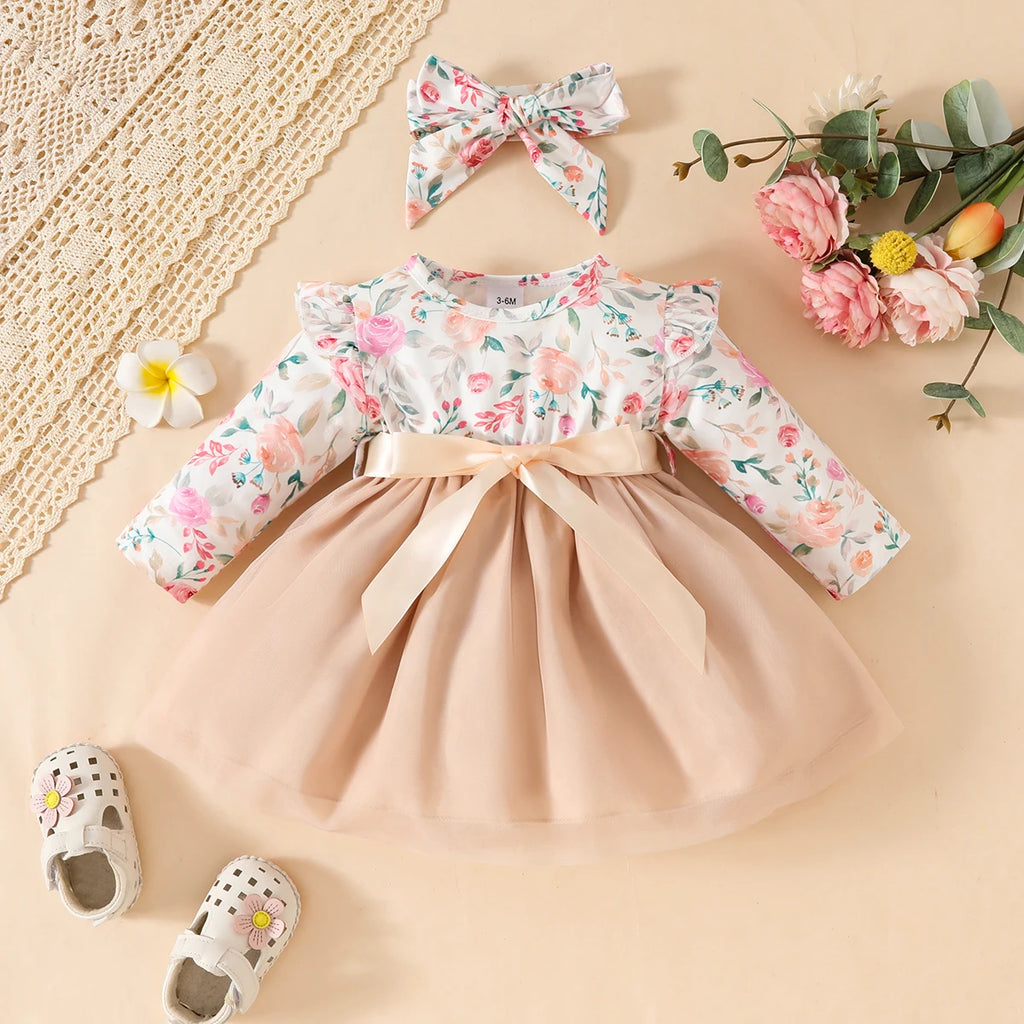 3Pcs Baby girl Princess Dress  Floral Chiffon Fashionable Dress+Headband+Belt for 0-24 Months Baby girl Spring and Autumn Dress