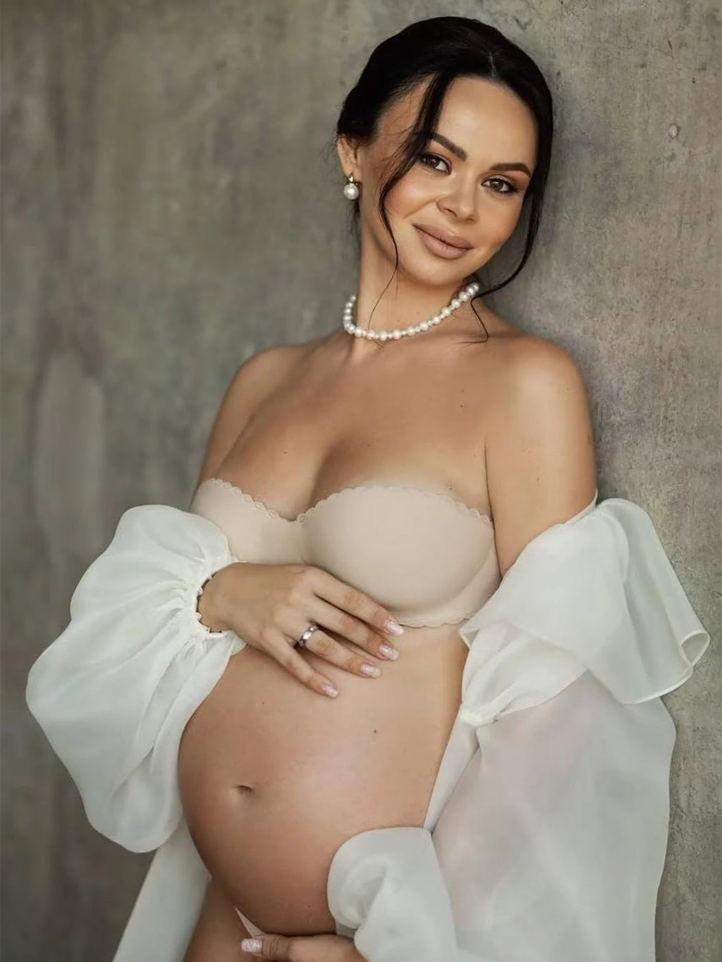 Maternity Photo Shoot Long Chiffon Dress Ruffle Neck Lantern Sleeve With Tie Cord Pregnancy Robe For Baby Shower