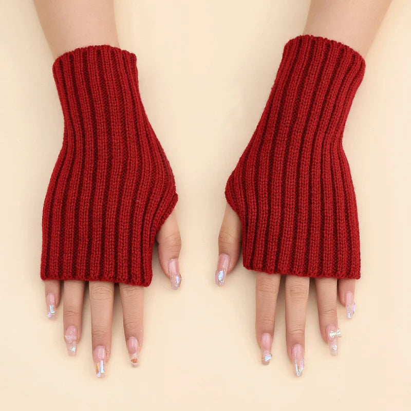 Autumn Winter Fashion Warm Fingerless Solid Color Ribbed Knitted Short Gloves Arm Warmers
