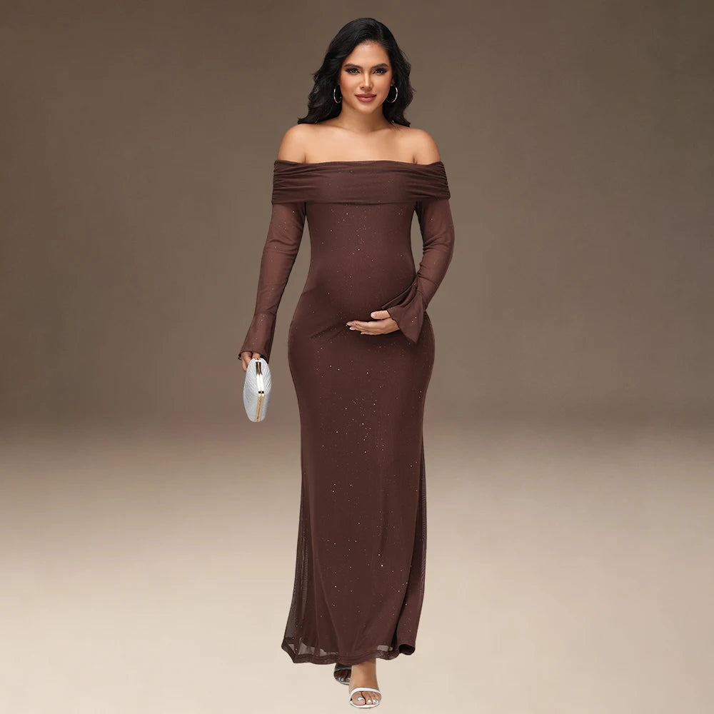 Maternity Off Shoulder Bell Sleeve Sequin Mesh Long Dress Party Elegant Bodycon Gown for Photoshoot Baby Shower