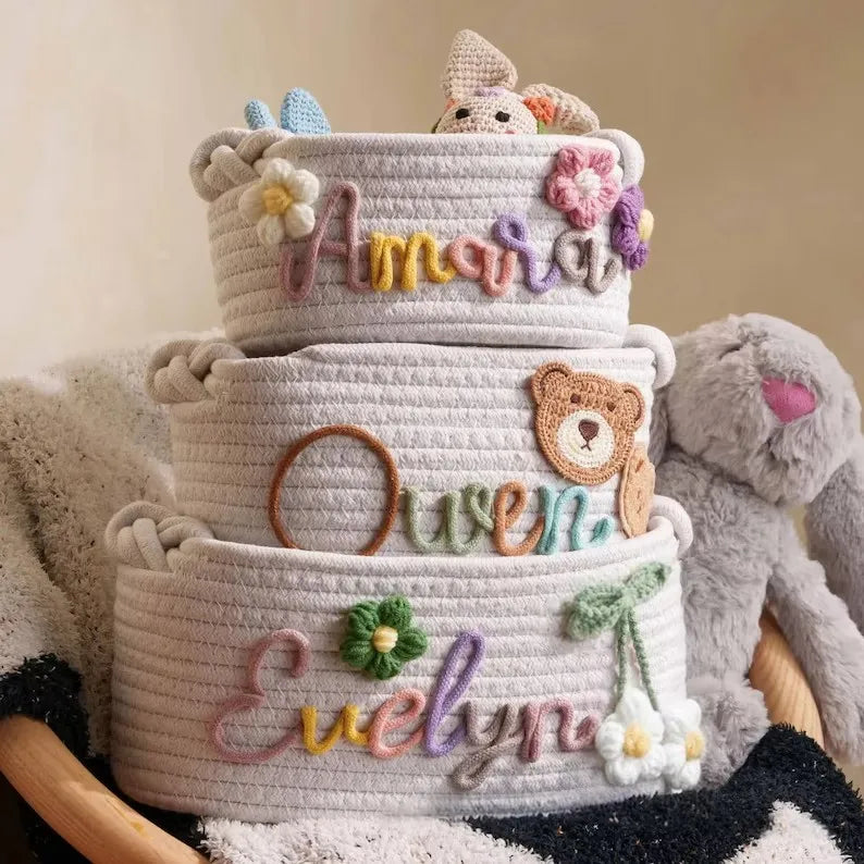 Personalized Cotton Rope Storage Basket with Letter – Handmade Gift & Easter Basket