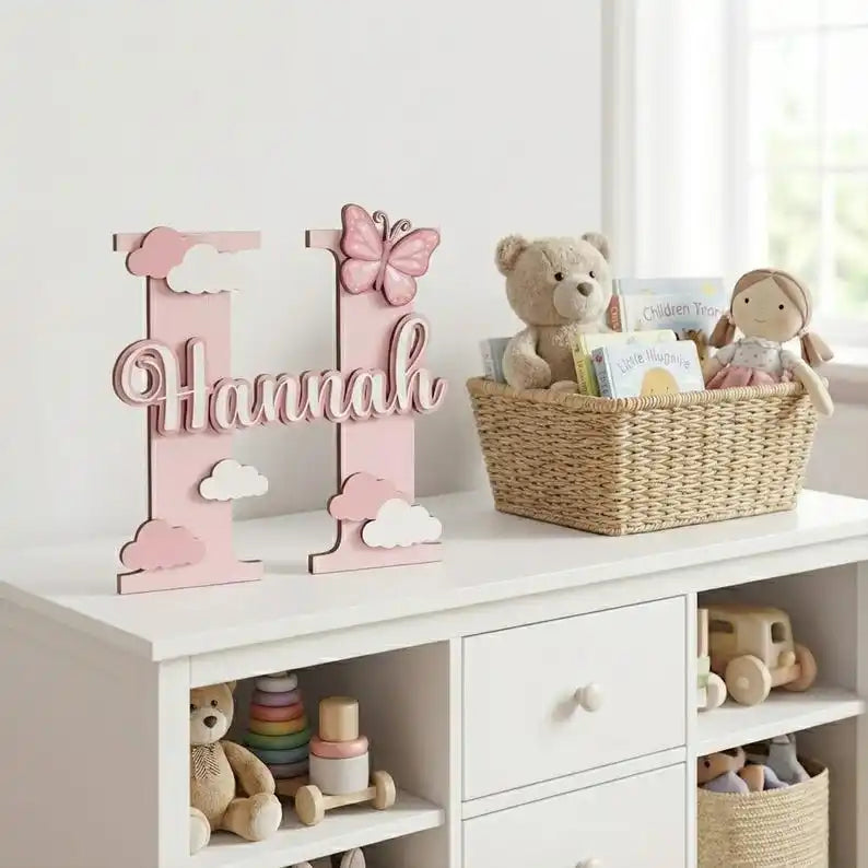 Personalized Wooden Initial Letter Name Sign – Pink Butterfly Cloud Nursery Wall Decor