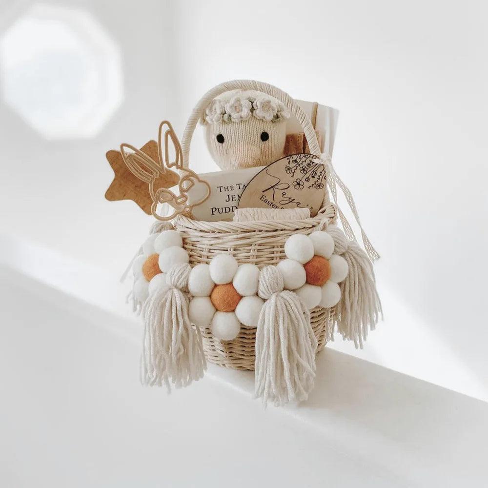 Nordic Nepal Pure Handmade Wool Ball Daisy Flower Tassel String Decoration for Home Room Wall Decoration, Garland Storage Blue Decorative Wreath.