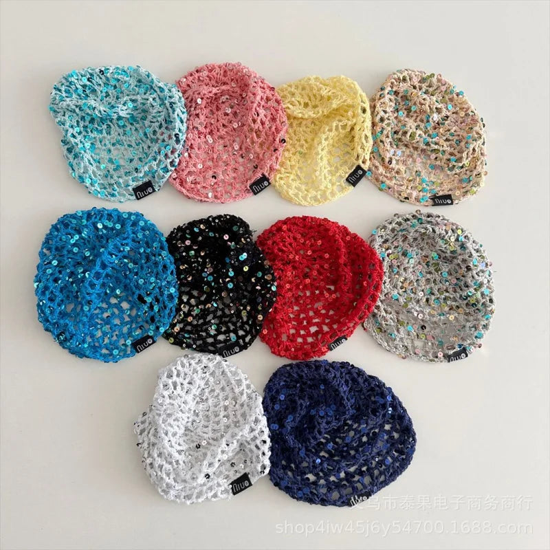 Early Autumn New Ethnic Style Sequin Hollow Knitted Pullover Hat for Girls Fashionable Stylish Fishnet Headwrap Hat