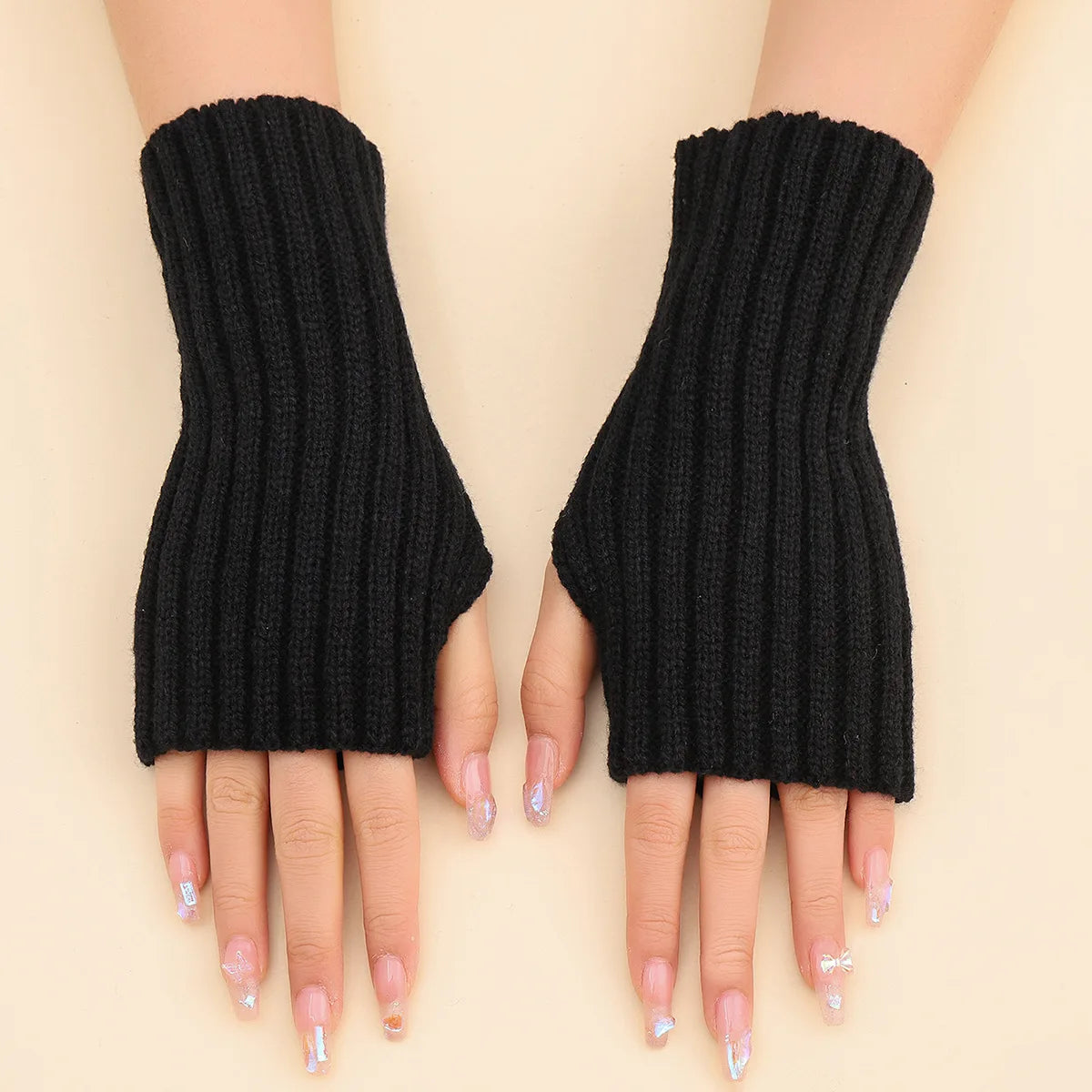 Fingerless Ribbed Knitted Arm Warmers Gloves for Winter, Short Length, 19-20cm Unisex