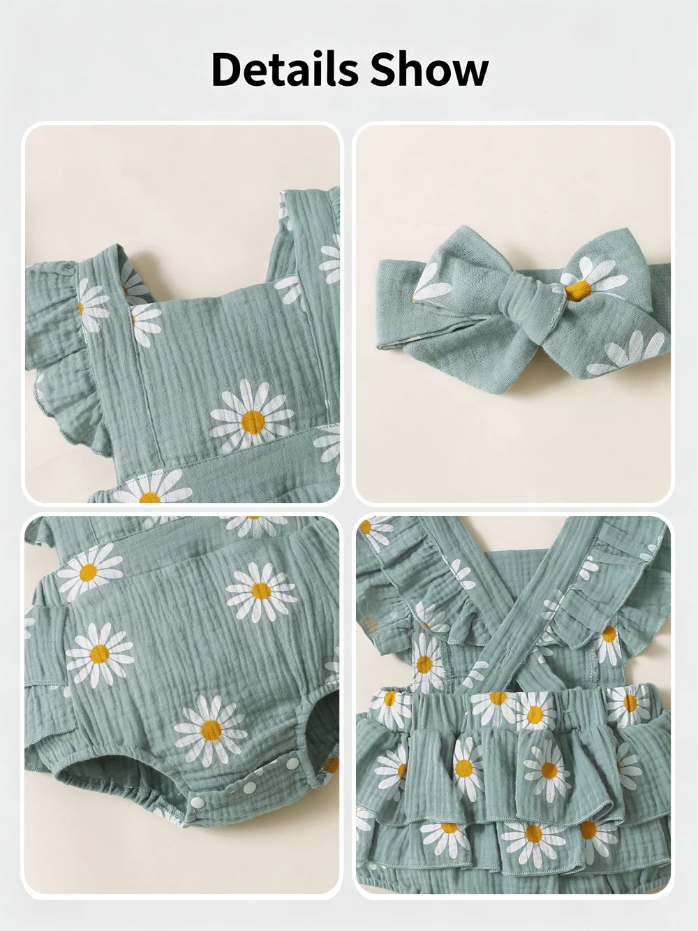 Baby Girl 2Pcs Summer Outfit Daisy Print Ruffle Flutter Sleeve Backless Romper with Headband Cute Infant Set for Daily Wear