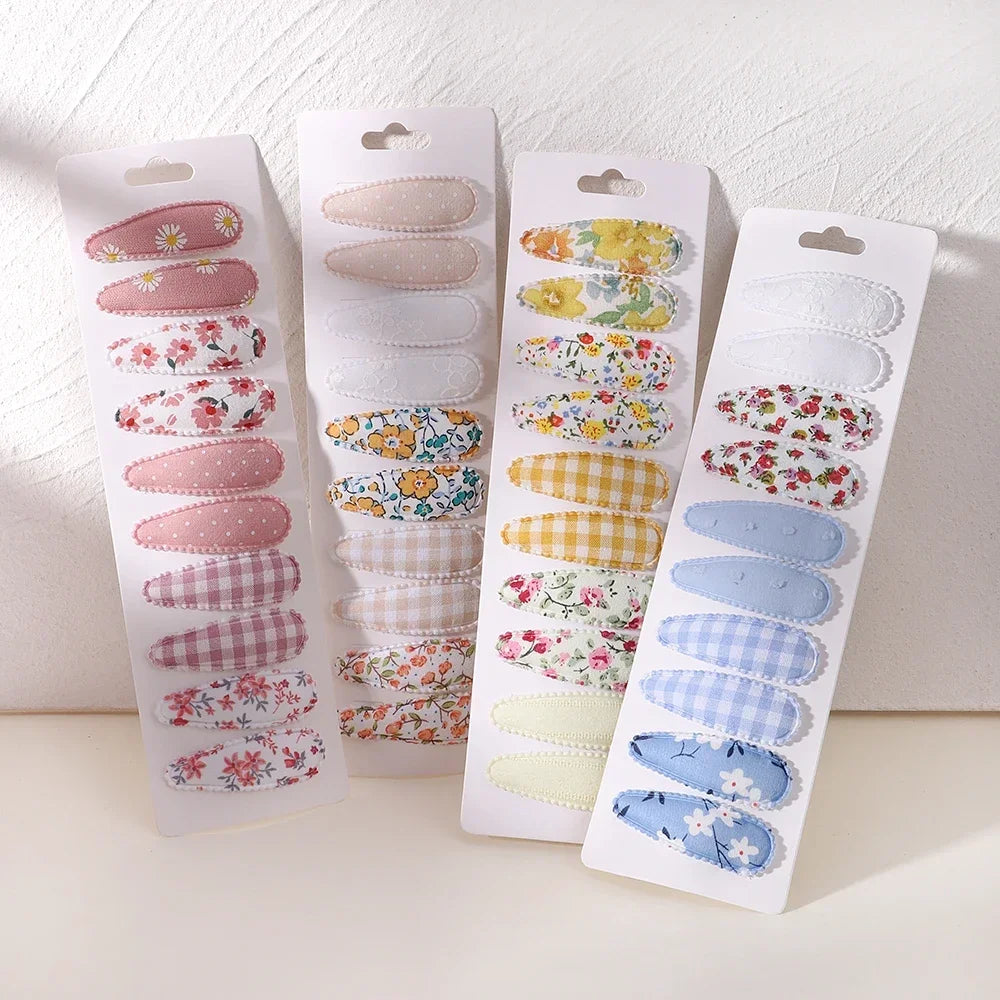 10pcs/set Baby Kids Fresh Print Cotton Alloy Hair Clips Fabric Plaid BB Hairpins Toddler Hairgrips Headwear Hair Accessories