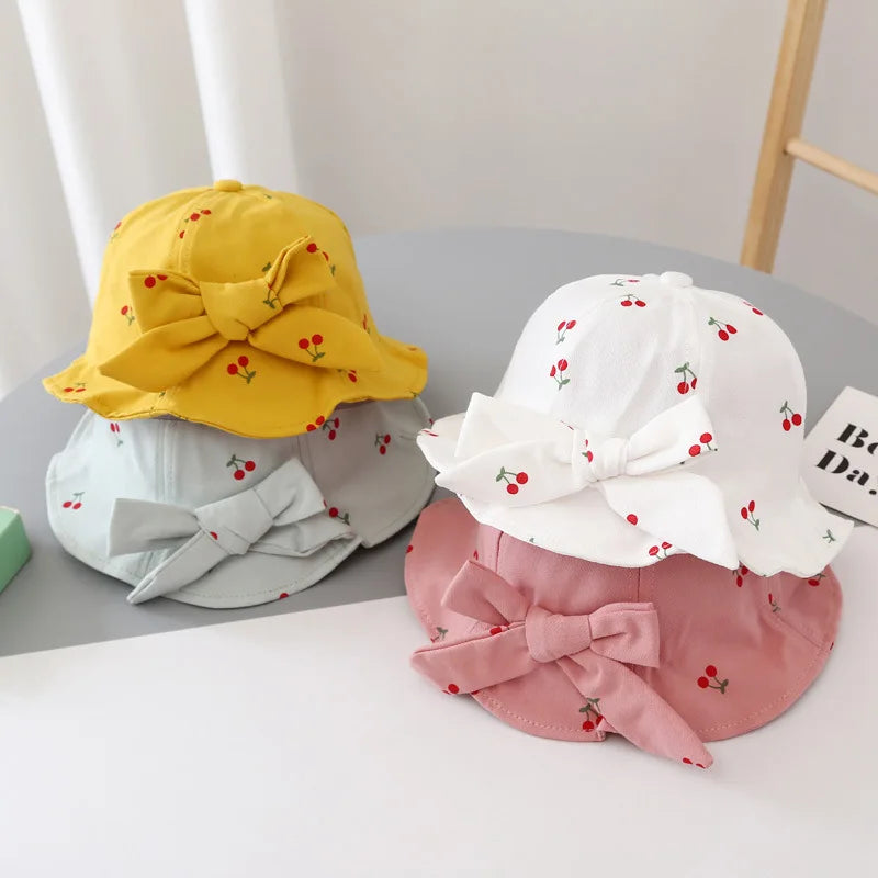 Cute Bowknot Baby Fisherman Hat Cherry Print Infant Bucket Cap 6-36Month Girls Kids Sunshade Visors Outdoor Children Basin Caps