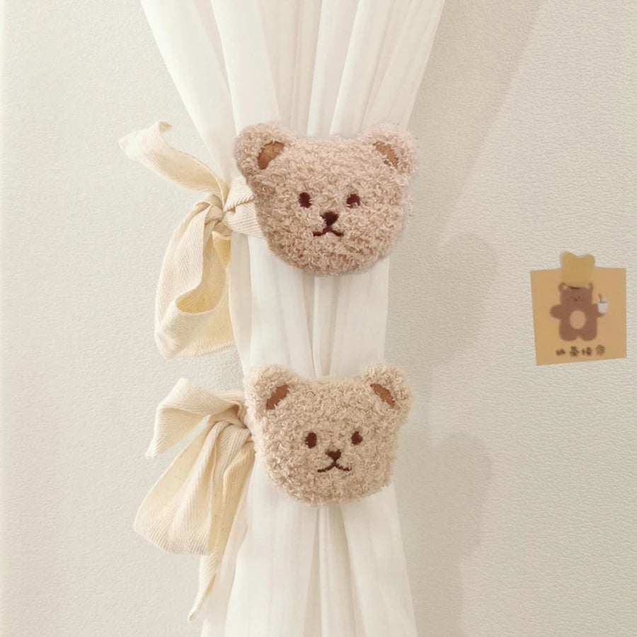 2Pc Ins Korean Style Embroidered Bear Head Baby Nursery Decoration Curtain Tieback Mosquito Net Tie Rope.