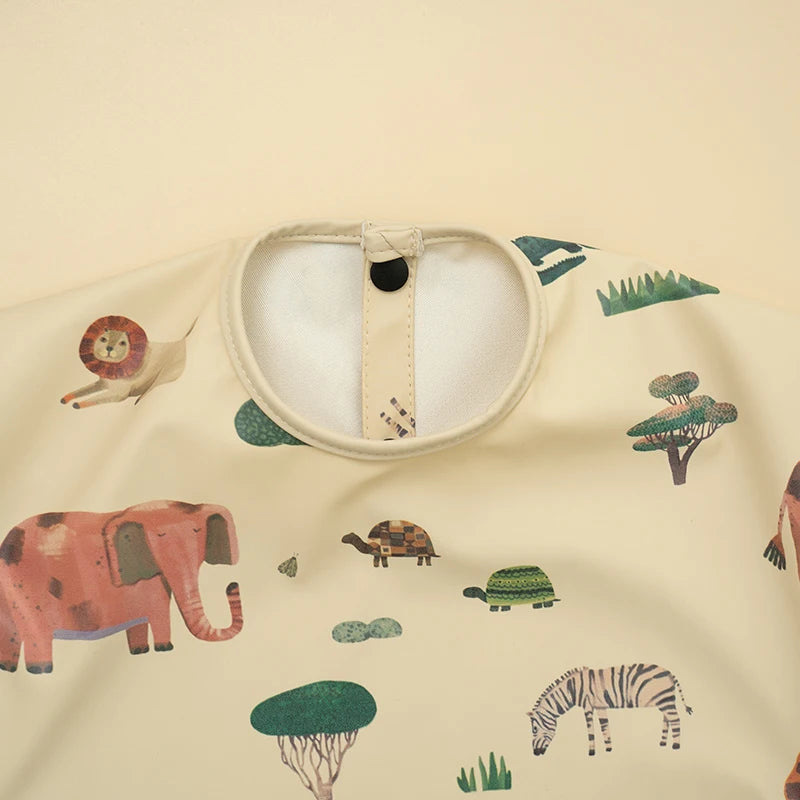 Long Sleeved Baby Feeding Bibs Cartoon Art Smock with Pocket Waterproof Children' Mealtime Dining Apron for Toddlers Boys Girls