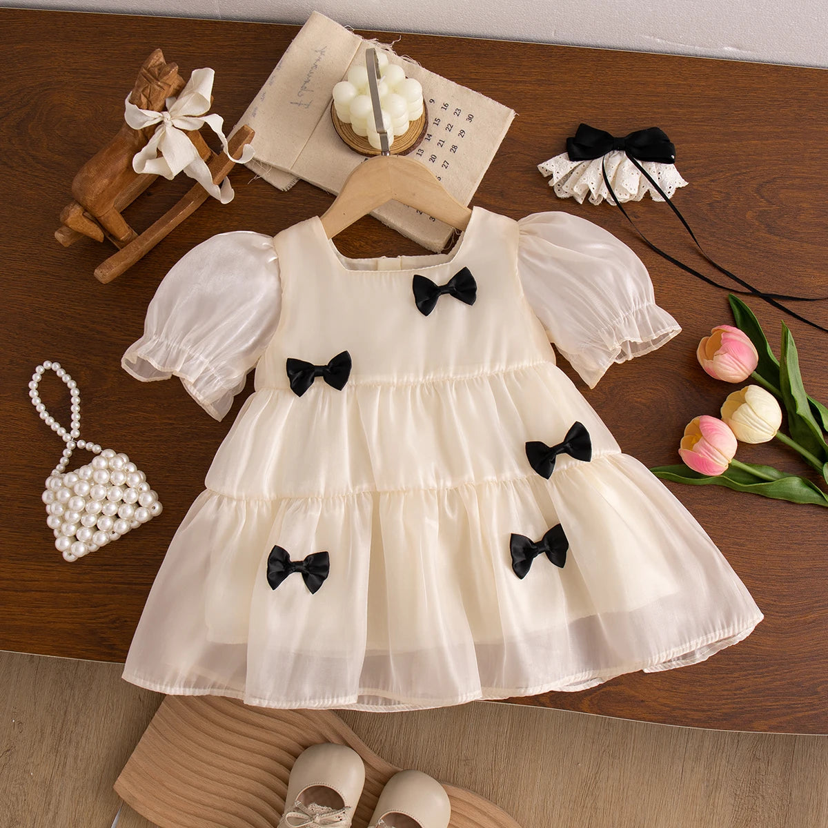Baby Girls' Dresses Summer Bow-Tie Puffed-Sleeve Girls Dress Cute Birthday Party Kids Dress Baby Girl Clothing