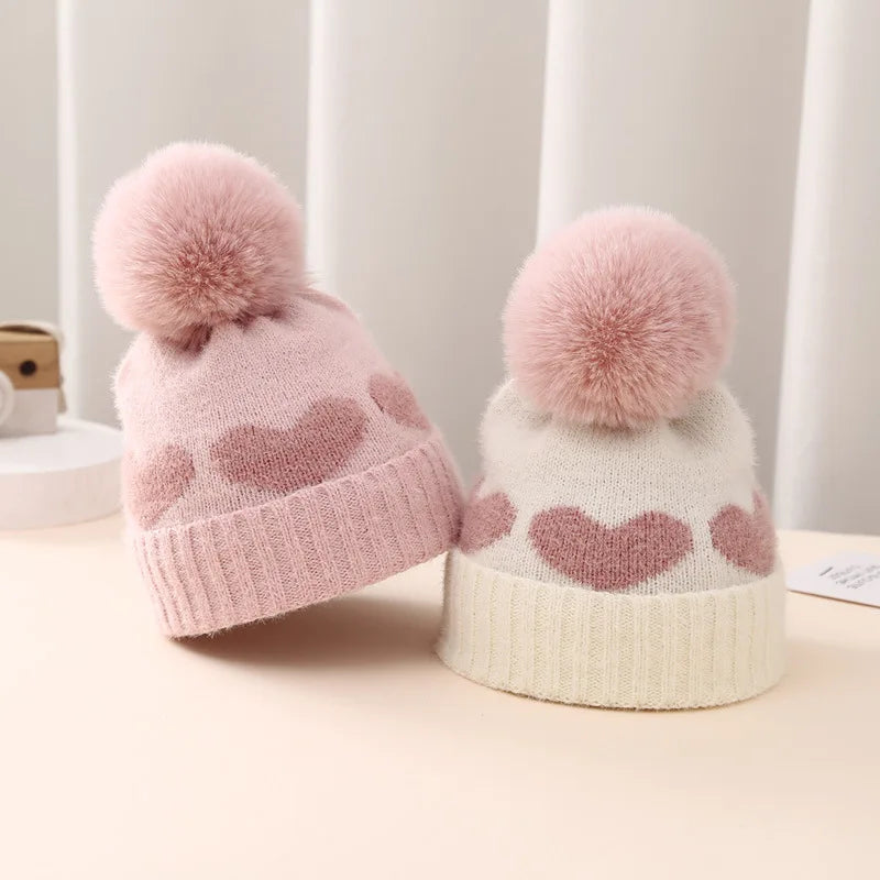 New Winter Baby Hat Double Layer Thickened Jacquard Love Heart Knitted Hat0-12Newborn Baby Knitted Hat