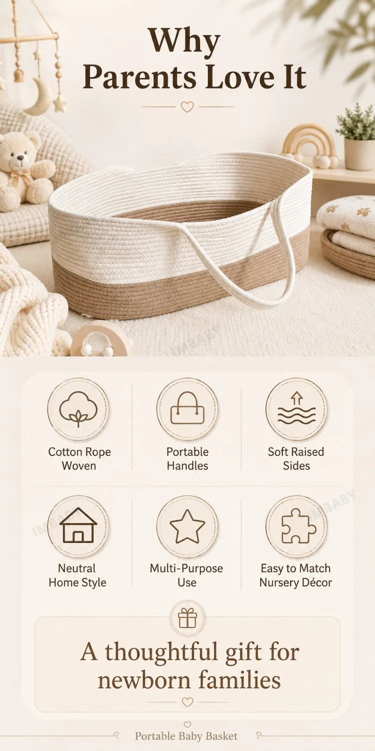 Organic Cotton Baby Cradle with Rocking Base – Portable Handheld Bassinet & Storage Basket for Newborns and Toddler Dolls