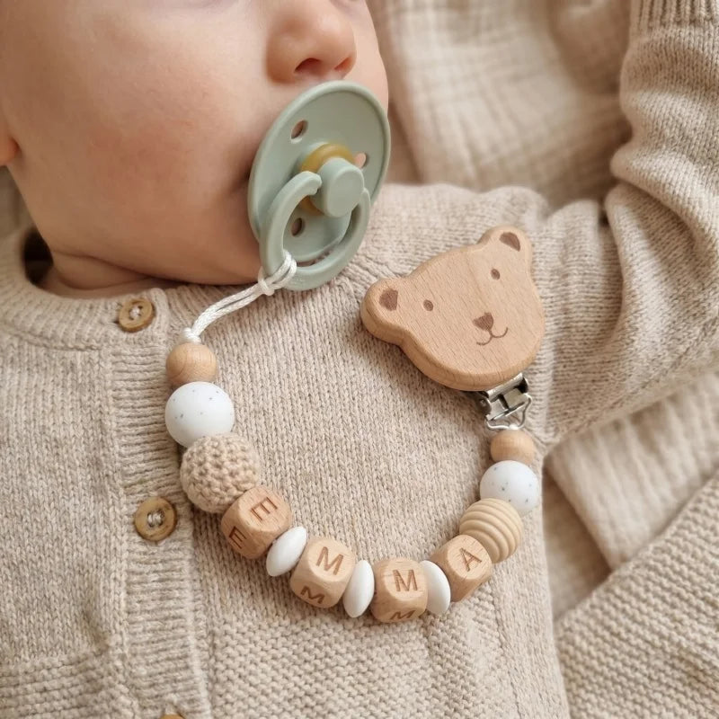 Personalized Baby Pacifier Clip with Name – Silicone & Wooden Bead Teether Soother Holder