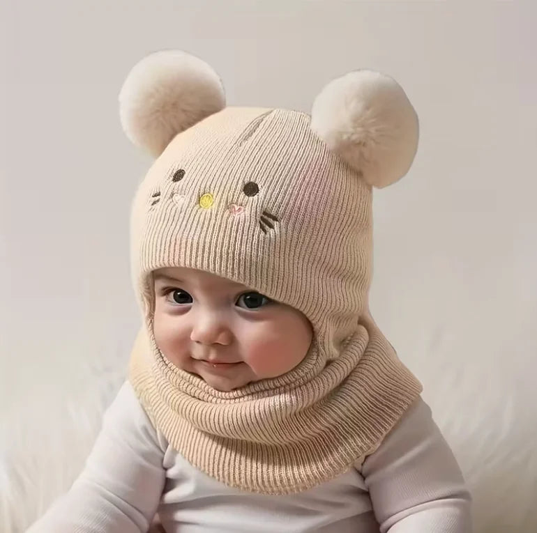 0-3Y Kids Balaclava Toddler Beanie Double Balls Baby Cat Stretchy New Born Girls Boys Beanies Winter Hats for Cold Weather Gear