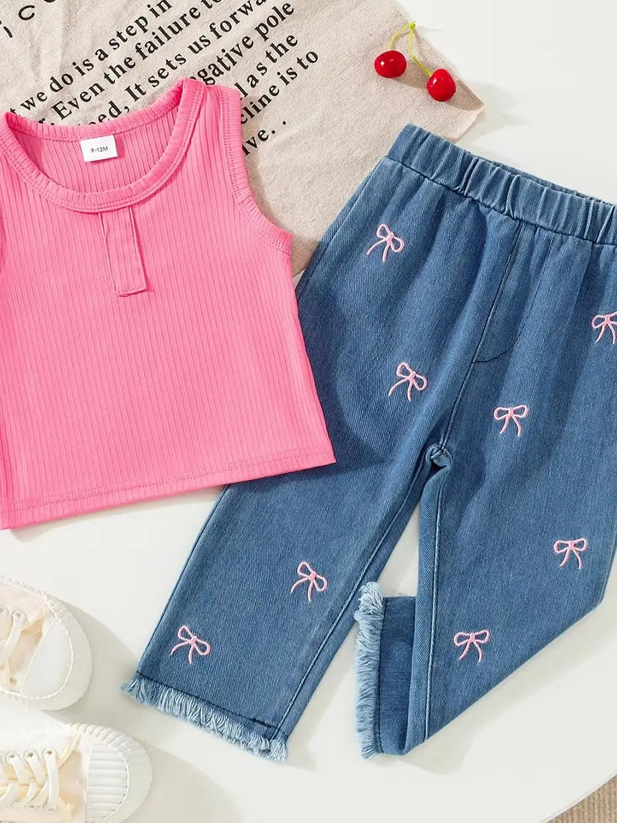 2pcs Summer Baby Girls Ribbed Tank Top Set, 9-12M, Pink Sleeveless Top Bow Embroidered Frayed Hem Jeans, Casual Daily/Party We