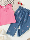 2pcs Summer Baby Girls Ribbed Tank Top Set, 9-12M, Pink Sleeveless Top Bow Embroidered Frayed Hem Jeans, Casual Daily/Party We