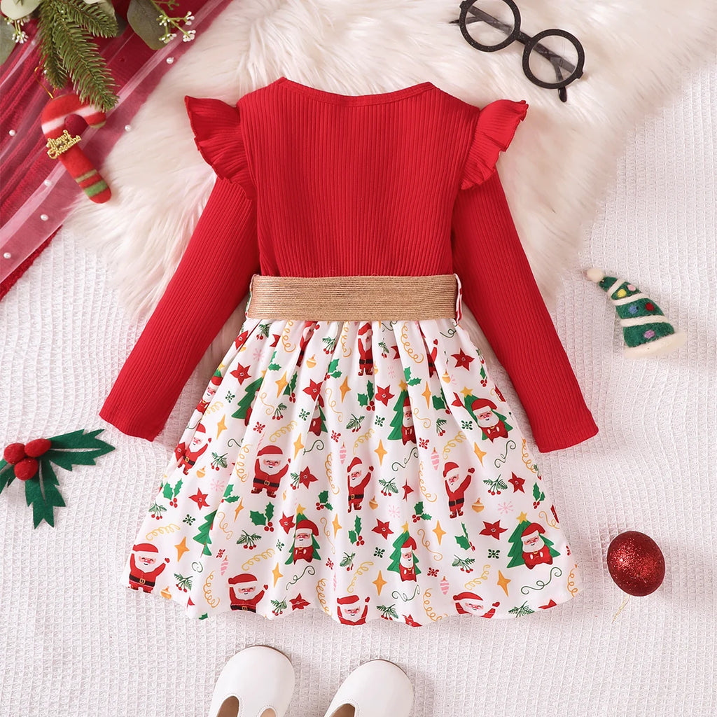 Girls' Christmas Dress Round Neck Santa Claus Printed Long Sleeve Dress+Belt 2Pcs/Set New Year's Clothing for Girls 1-7 Years