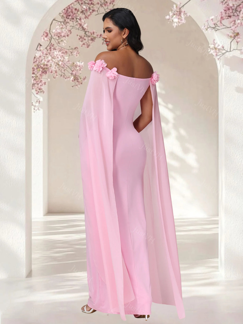 Maternity Floral Off Shoulder Floating Sleeves Dress Elegant Bodycon Maxi Gown for Photoshoot Baby Shower