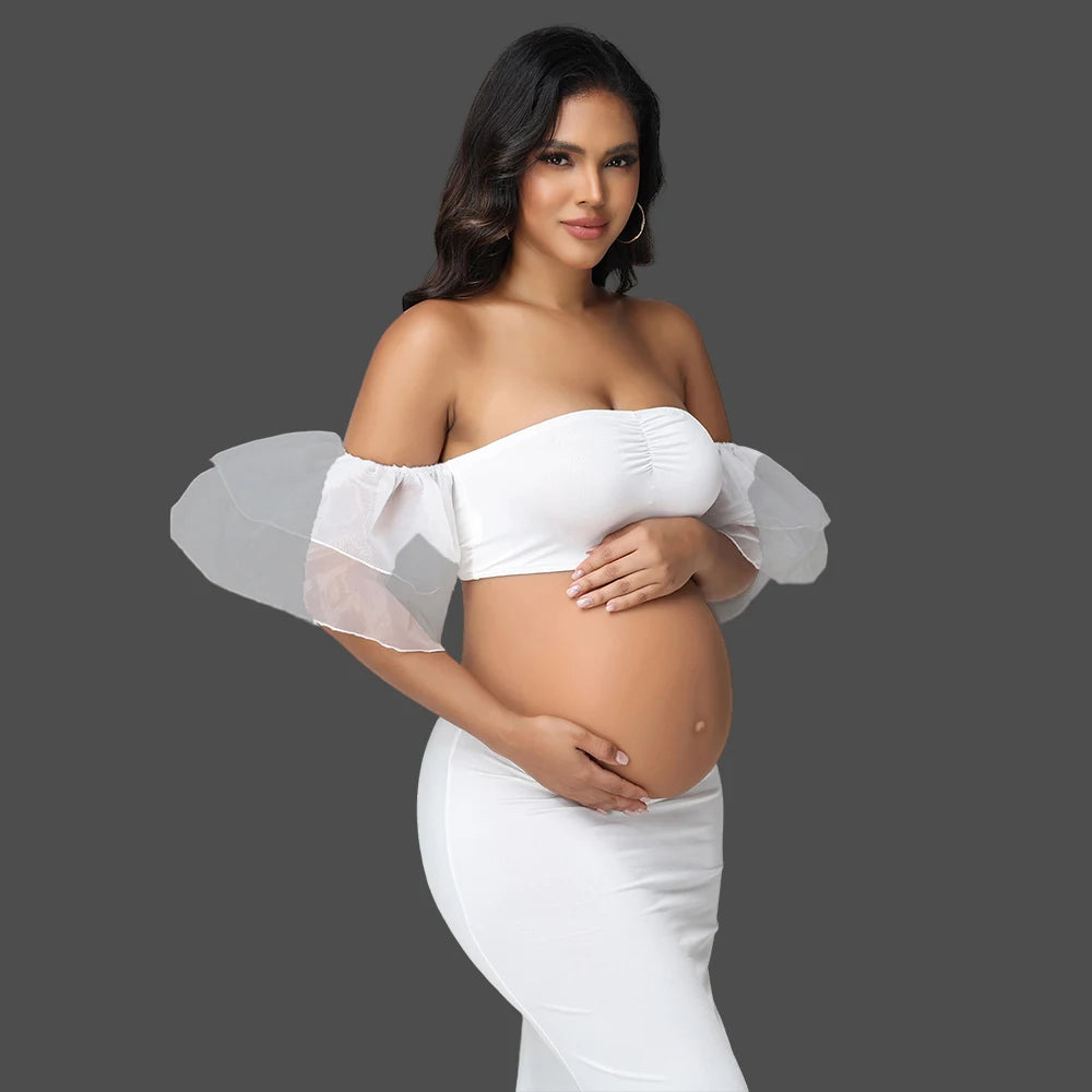 Maternity Ouifits 2Pcs Organza Sleeves Tube Top and Mermaid Hem Maxi Dress for Baby Shower Photoshoot