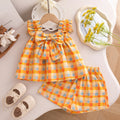 Korean Style Toddler Holiday Sets Summer Comfortable Cotton Orange Bow Plaid Suspender Tops And Breathable Baby Girl Shorts